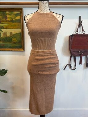 Mocha Knit Two Piece Set Backless Crop Top Midi Skirt
